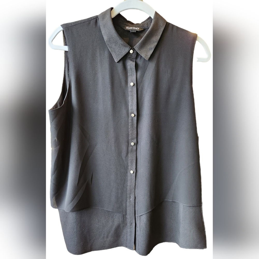 Ellen Tracy black button-up collared tank with sheer overlay